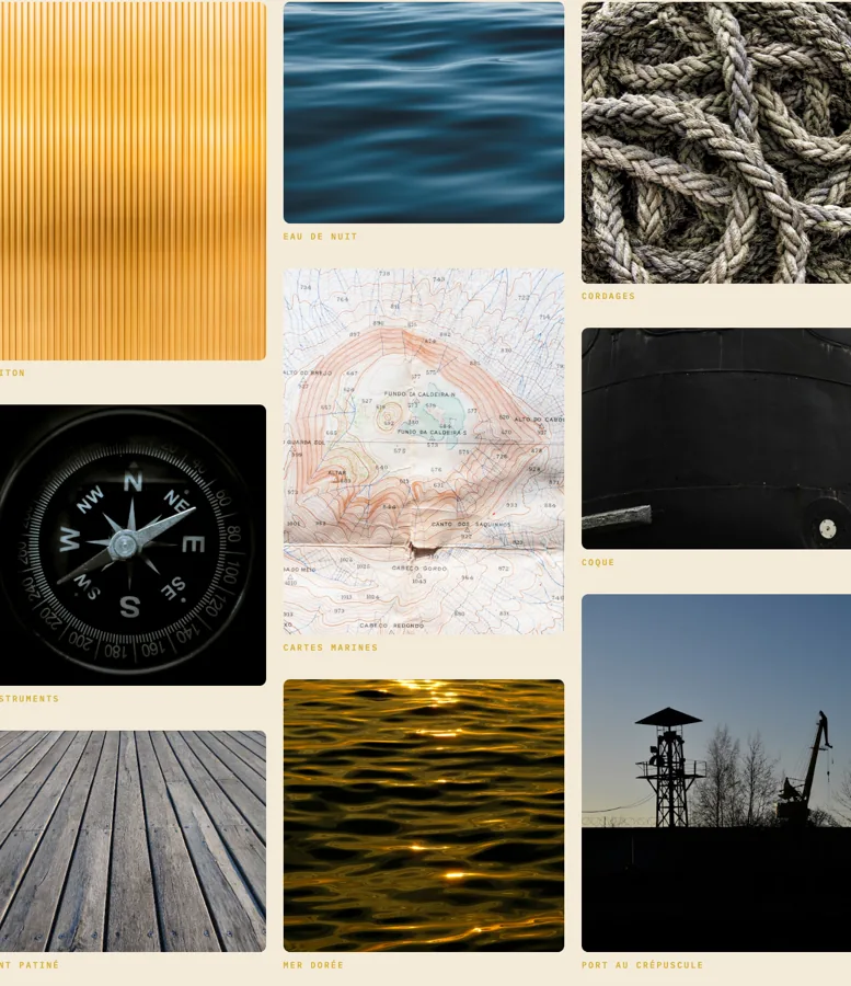 Moodboard de 3C Shipping : neuf photos d'inspiration, laiton strié, eau de nuit, cordages, carte marine, compas, coque sombre, pont patiné, mer dorée et port au crépuscule
