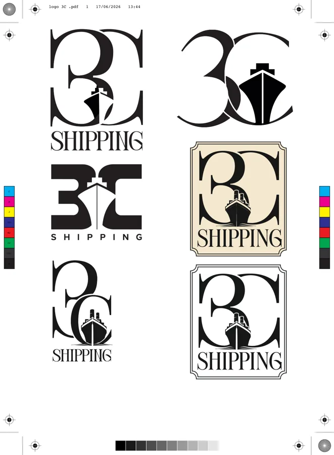 Planche de pistes de logo 3C Shipping : six variantes d'un « 3C » avec un paquebot, lettres entrelacées, version géométrique, emblème nu ou encadré, en noir et sur fond crème