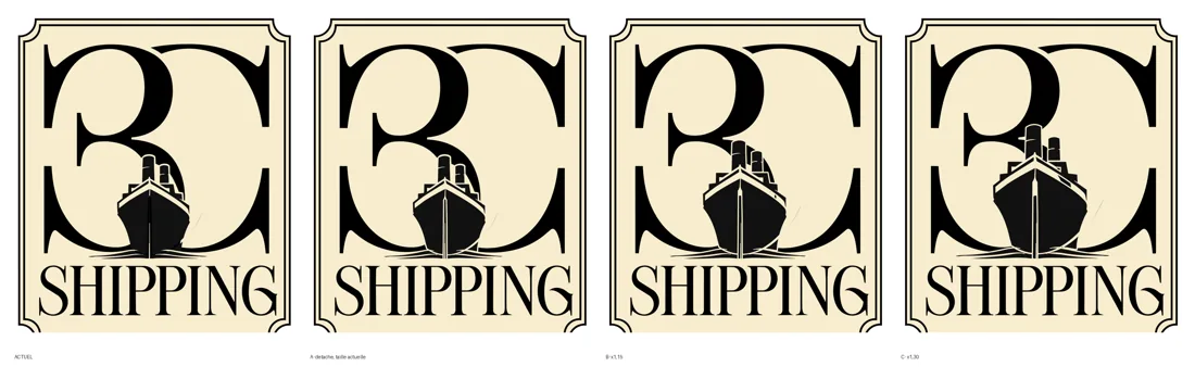 Étude de la taille du paquebot dans l'emblème 3C Shipping : quatre variantes du blason côte à côte, du navire d'origine à un navire agrandi de 30 %