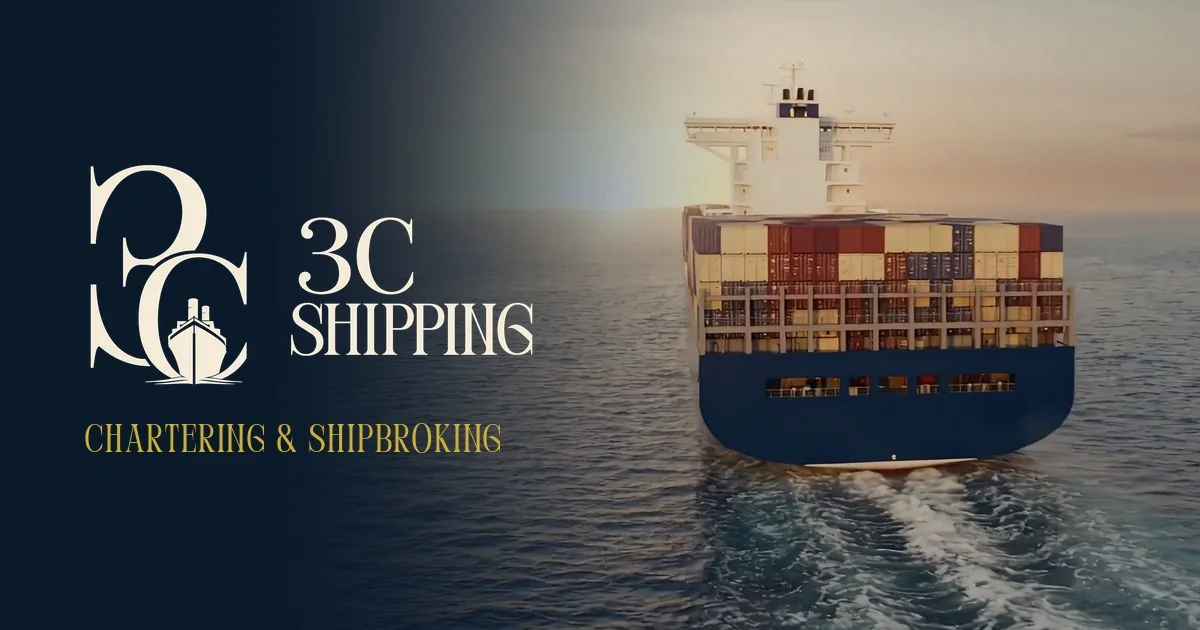 Visuel 3C Shipping : emblème 3C, logotype et signature Chartering & Shipbroking devant un porte-conteneurs en mer