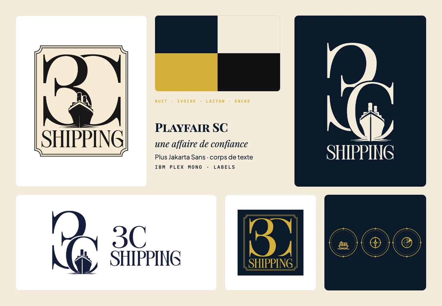 Planche de marque 3C Shipping : emblème 3C avec paquebot, logotype horizontal, palette bleu nuit, or et crème, typographie et pictogrammes