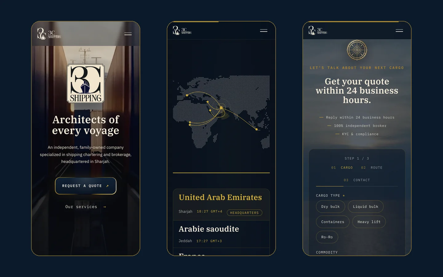 Version mobile du site 3C Shipping : ouverture, carte des implantations et formulaire de demande de cotation