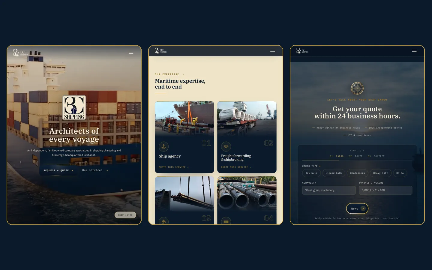 Le site 3C Shipping sur tablette : ouverture sur la vidéo, services et formulaire de demande de cotation