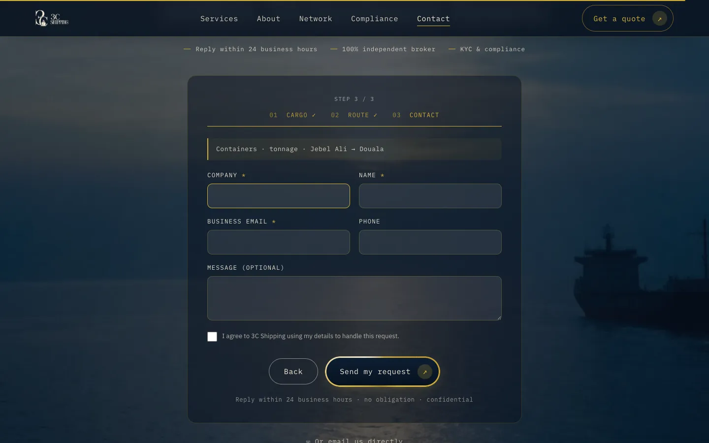 Formulaire de demande de cotation, étape 3 sur 3 : récapitulatif de la demande, société, nom, e-mail, téléphone, message et consentement