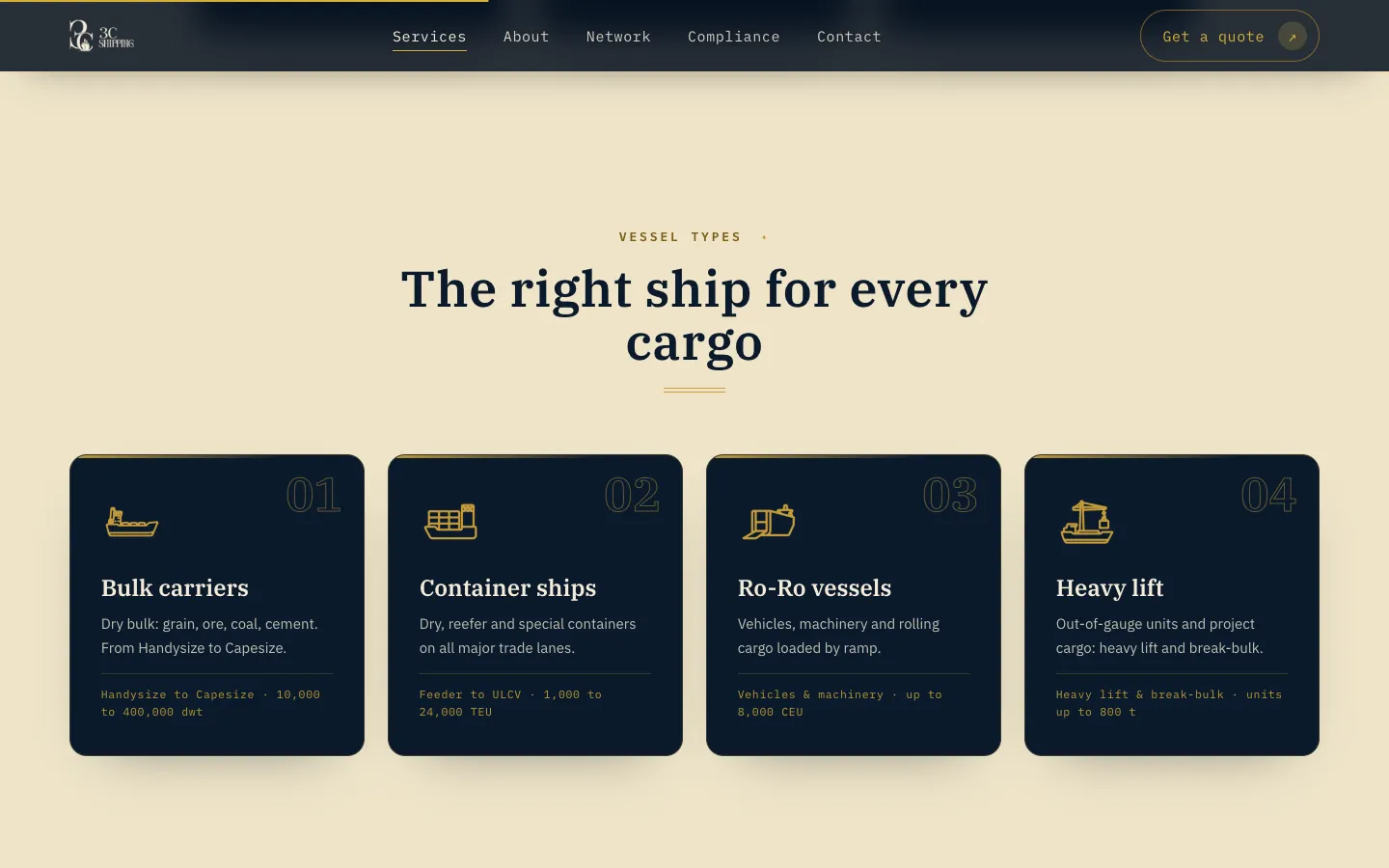 Section « The right ship for every cargo » : quatre cartes, vraquiers, porte-conteneurs, rouliers et colis lourds