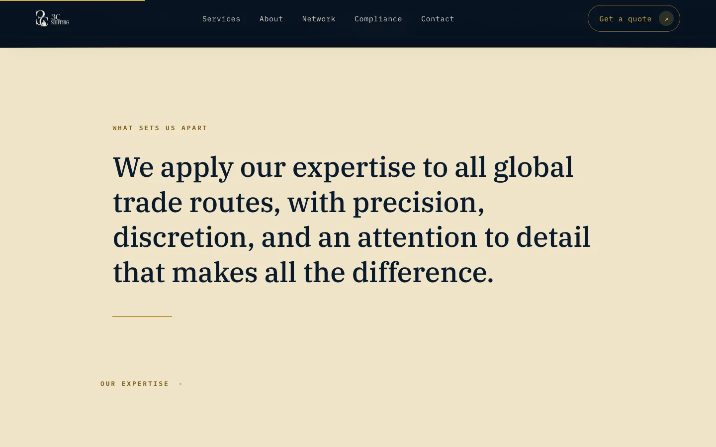 Le manifeste du site 3C Shipping, texte sur fond crème : l'expertise appliquée à toutes les routes du commerce mondial
