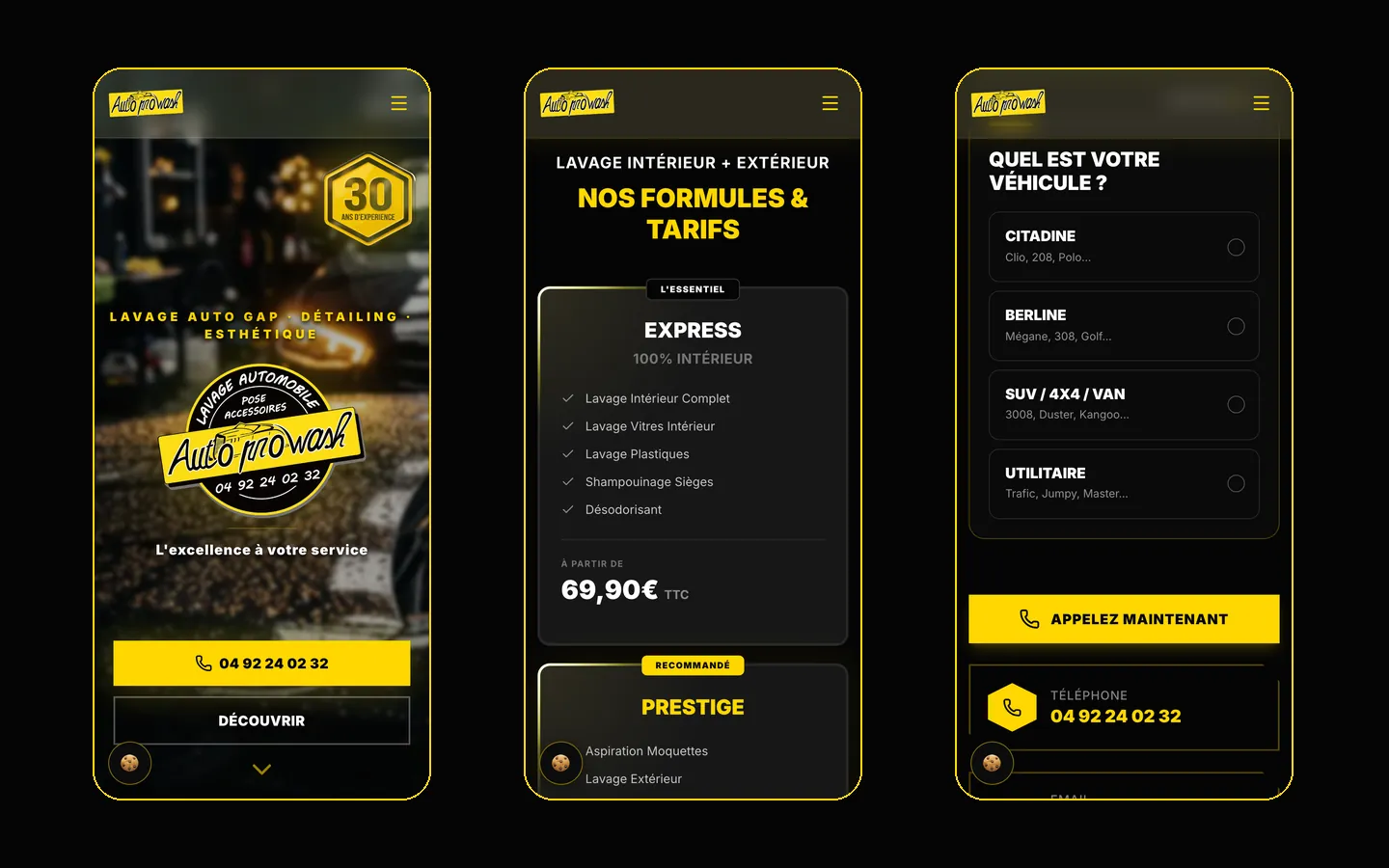 Version mobile du site Auto Pro Wash : ouverture, formule Express et première question de l'assistant de rendez-vous