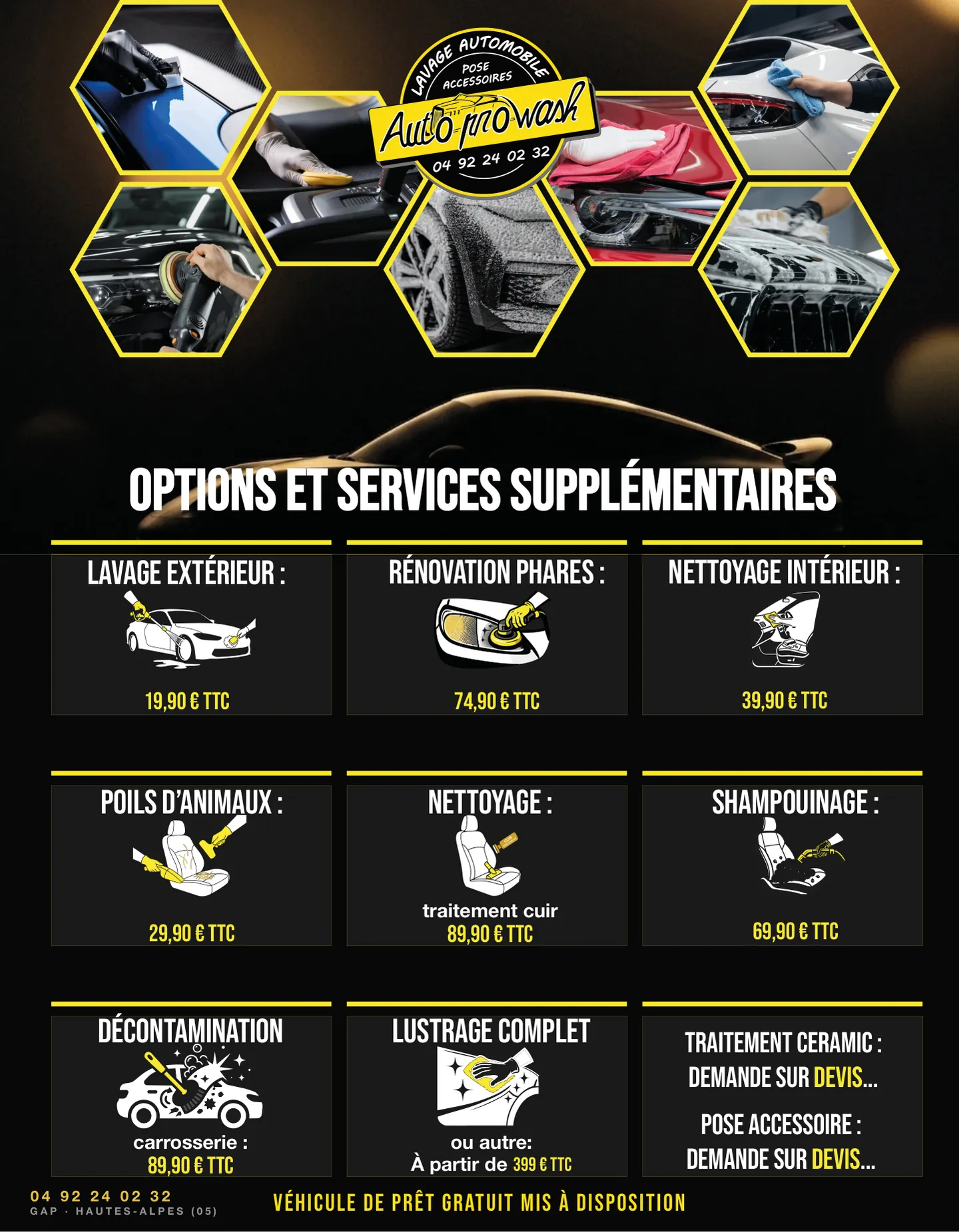 Affiche 70x90 cm « Options et services supplémentaires » Auto Pro Wash : neuf cases illustrées, du lavage extérieur au traitement céramique