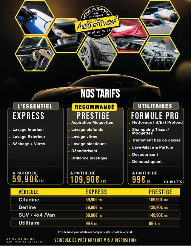 Affiche des tarifs du centre Auto Pro Wash