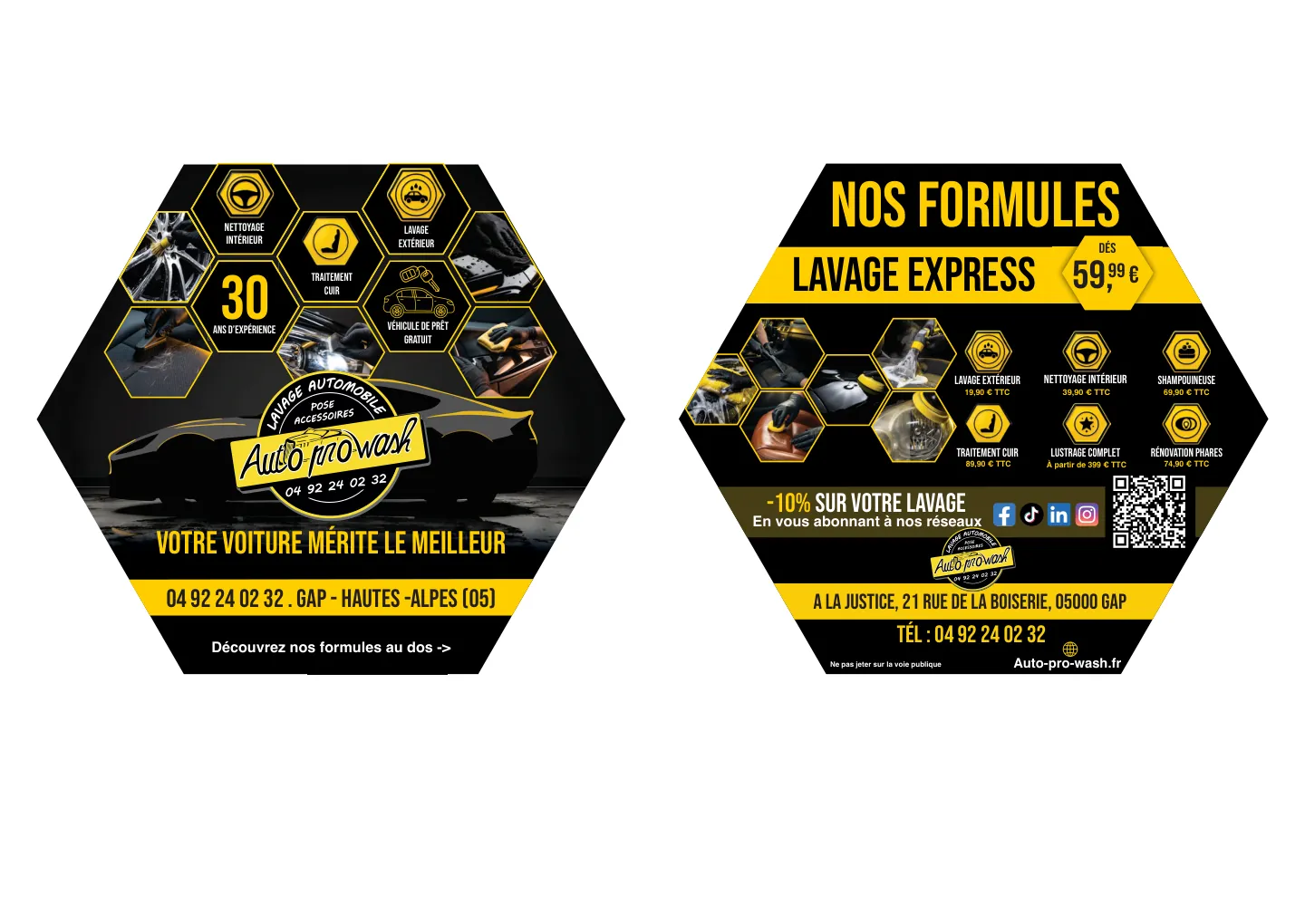 Flyer A5 recto verso Auto Pro Wash à visuel hexagonal : au recto le logo et la voiture, au verso les formules et les options
