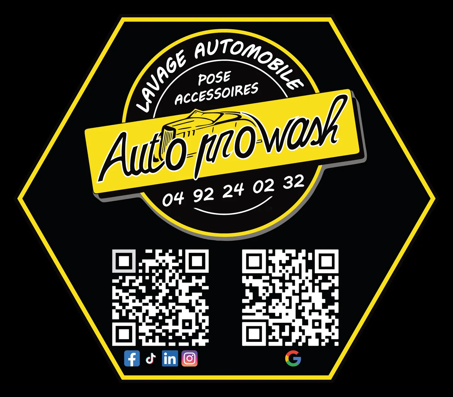 Plaque QR Auto Pro Wash : hexagone jaune et noir avec le logo et deux QR codes, réseaux sociaux et fiche Google