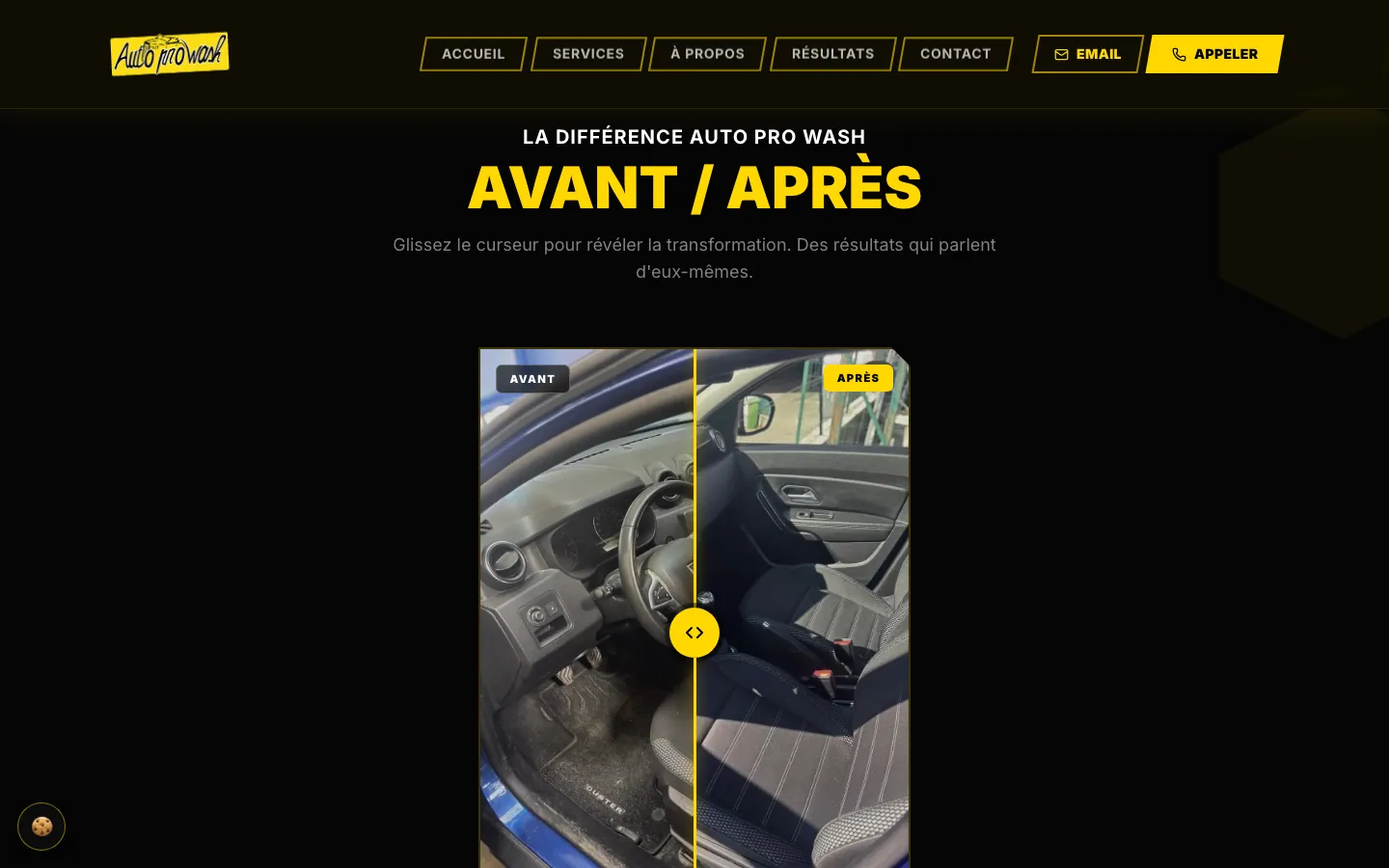Section « Avant / Après » : comparateur sur un intérieur de voiture, moitié avant, moitié après