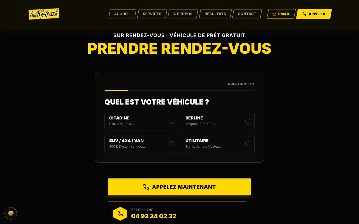 Section « Prendre rendez-vous » du site Auto Pro Wash : première question de l'assistant, le type de véhicule