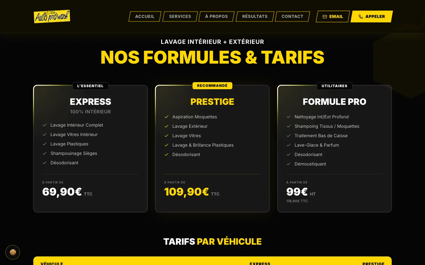 Section « Nos formules et tarifs » : les cartes Express, Prestige et Formule Pro avec leur prix de départ