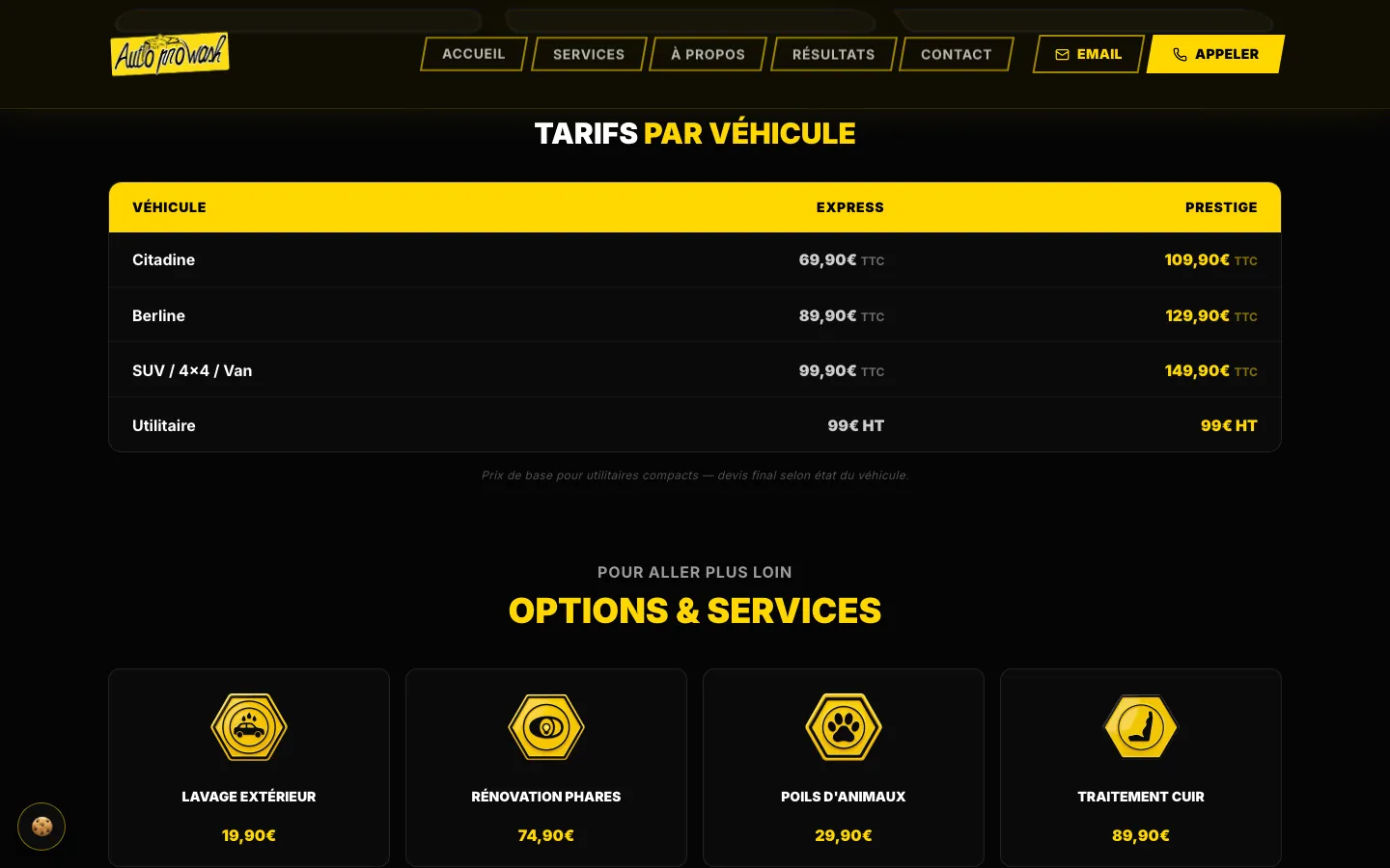 Section « Tarifs par véhicule » : tableau citadine, berline, SUV et utilitaire pour les formules Express et Prestige