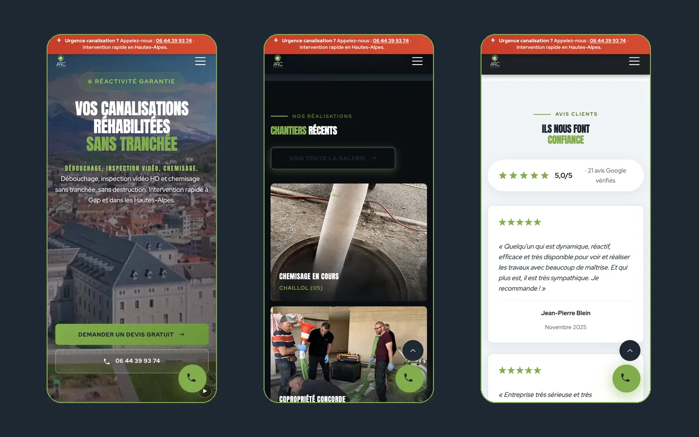 Version mobile du site ARC Assainissement : ouverture avec bandeau d'urgence et bouton d'appel, chantiers récents, avis Google