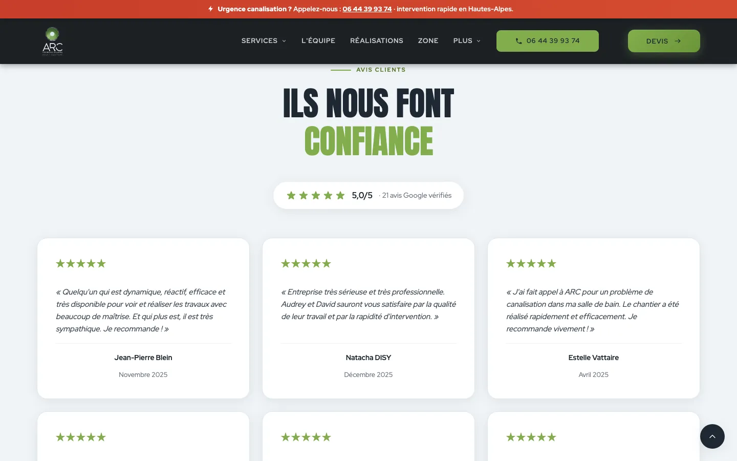 Section « Ils nous font confiance » : note Google 5,0 sur 5 et témoignages de clients