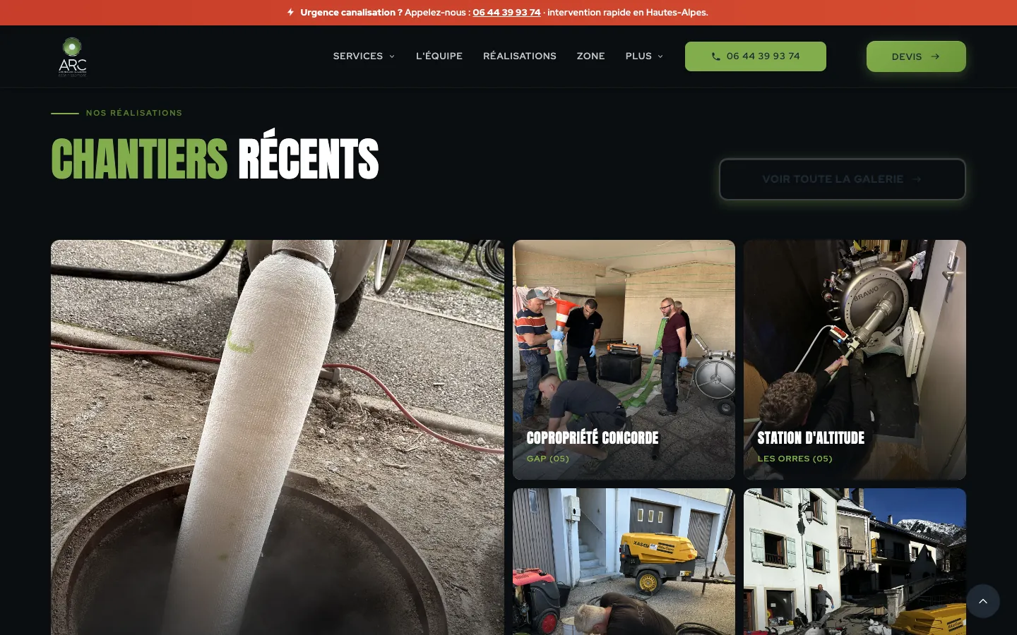 Section « Chantiers récents » : mosaïque de photos de chantiers réels, chemisage en cours, copropriété à Gap, station d'altitude aux Orres