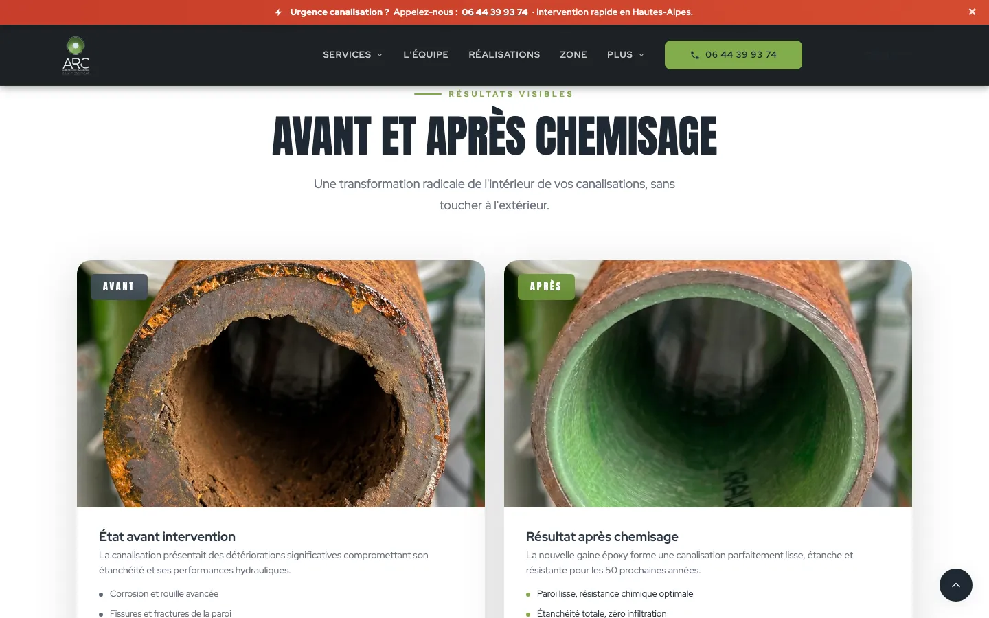 Page chemisage, section « Avant et après chemisage » : intérieur d'une canalisation corrodée puis la même canalisation gainée