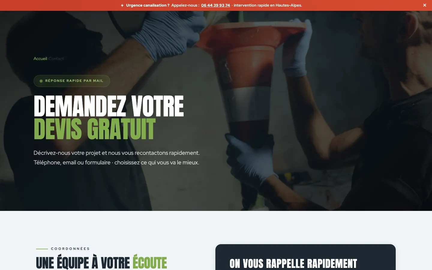 Page contact « Demandez votre devis gratuit » : en-tête photo puis coordonnées et formulaire de rappel