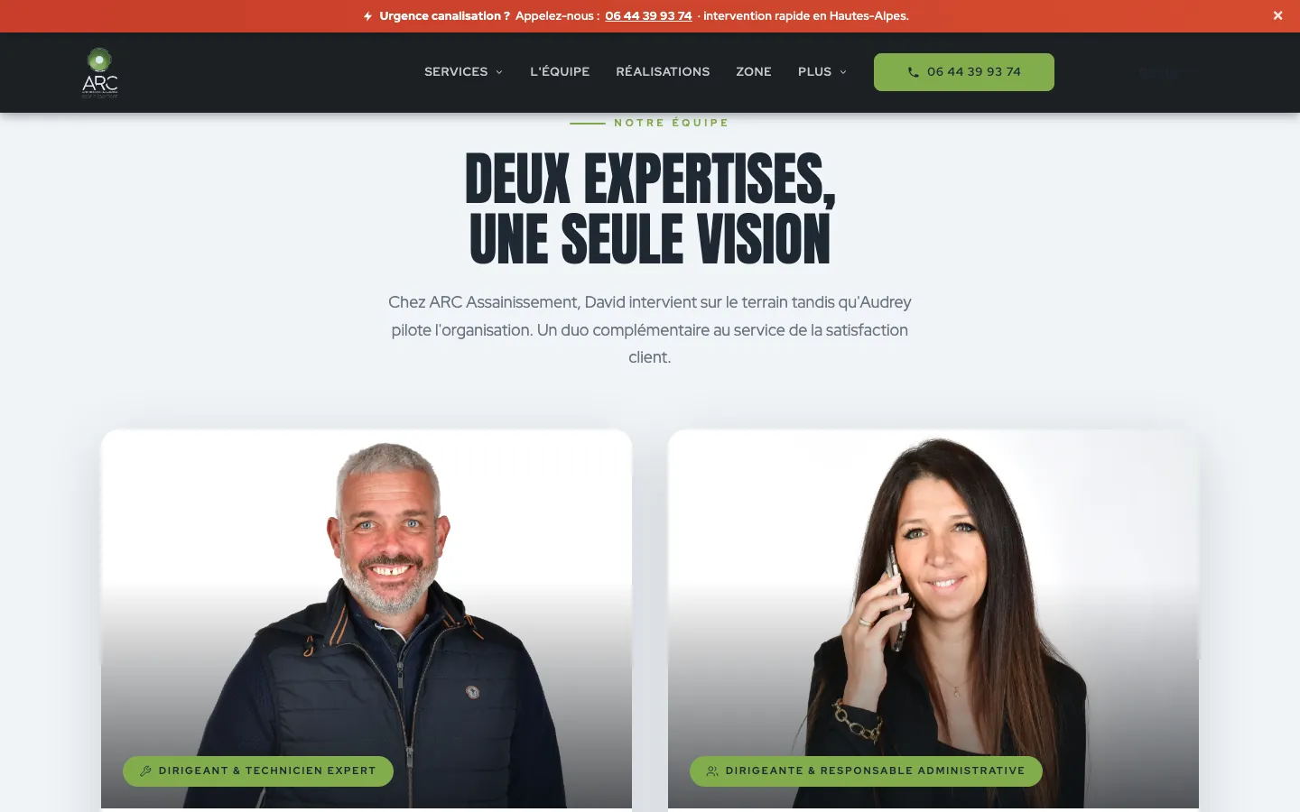 Page équipe, section « Deux expertises, une seule vision » : portraits de David et Audrey Pauchon