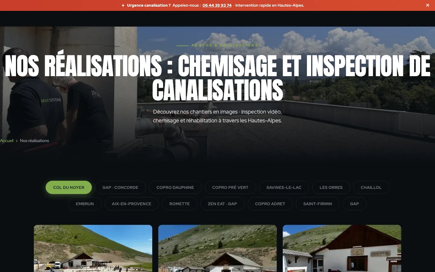 Page galerie « Nos réalisations : chemisage et inspection de canalisations » : filtres par chantier et grille de photos