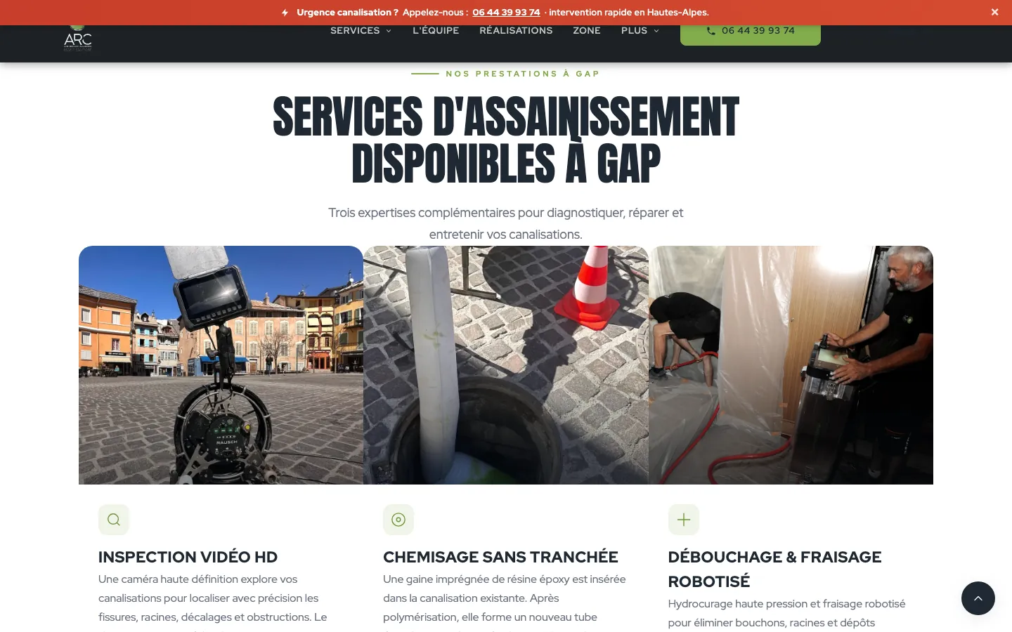 Page ville Gap du site ARC Assainissement : section « Services d'assainissement disponibles à Gap » avec trois photos de chantiers