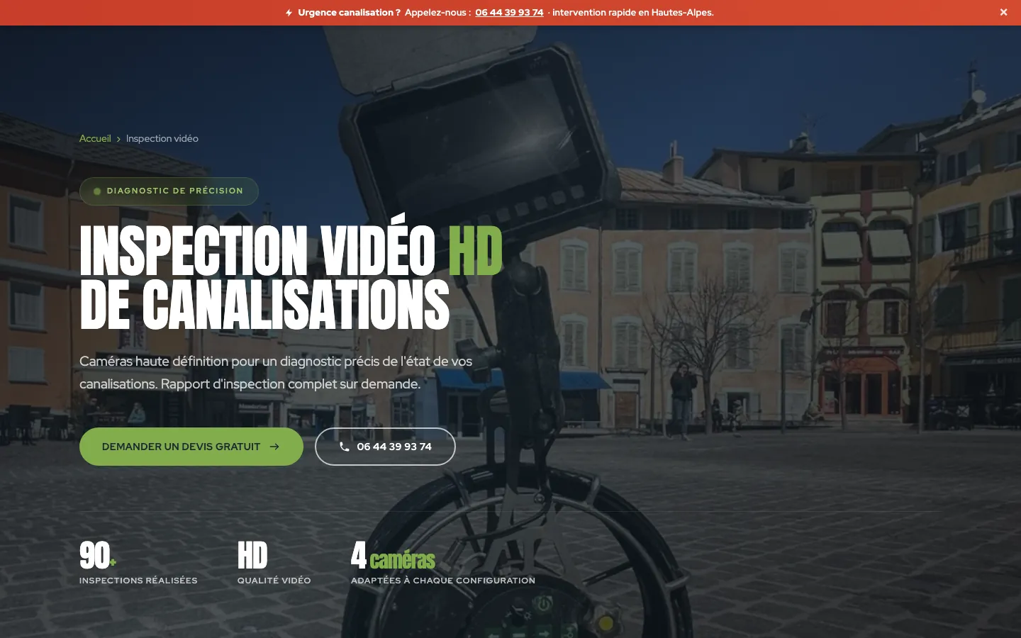 Page inspection vidéo HD de canalisations : caméra d'inspection sur une place de Gap, boutons devis et téléphone, chiffres clés