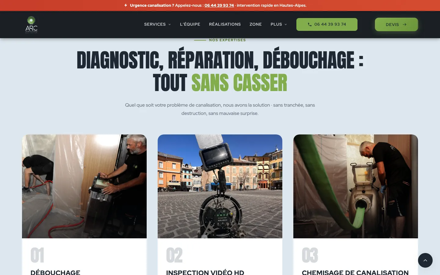 Section « Diagnostic, réparation, débouchage : tout sans casser » du site ARC Assainissement : trois cartes photo pour le débouchage, l'inspection vidéo HD et le chemisage