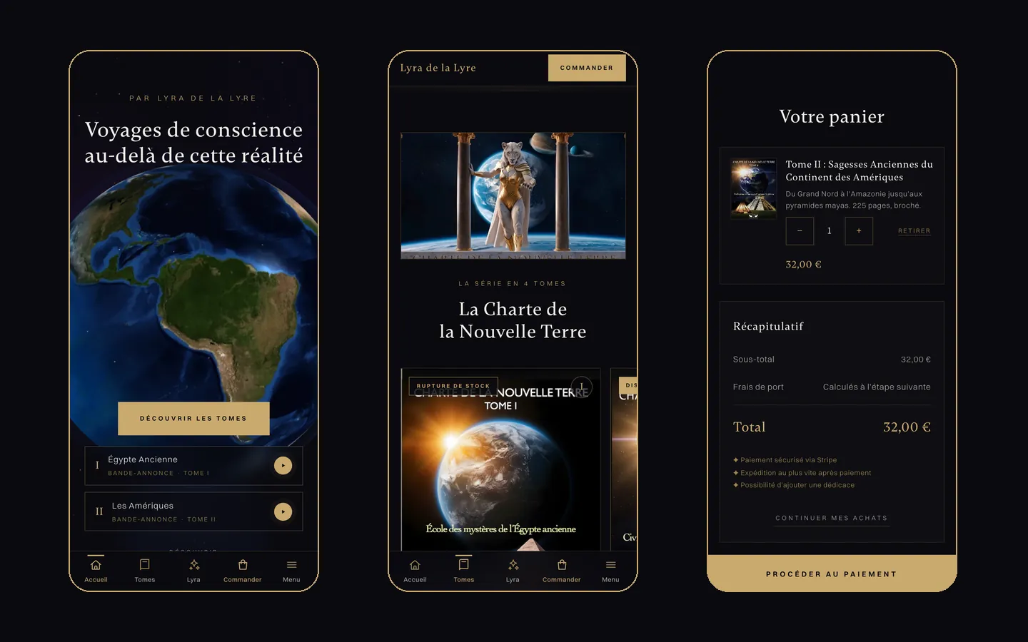Version mobile du site Lyra de la Lyre : la Terre en 3D à l'ouverture, la série en quatre tomes et le panier, avec la barre d'onglets en bas d'écran