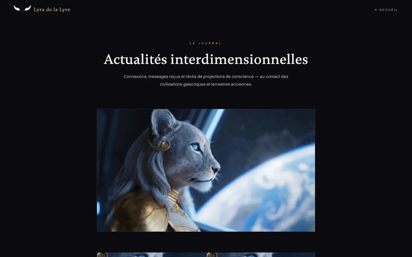 Page du journal « Actualités interdimensionnelles » du site Lyra de la Lyre : bandeau vidéo en tête des articles