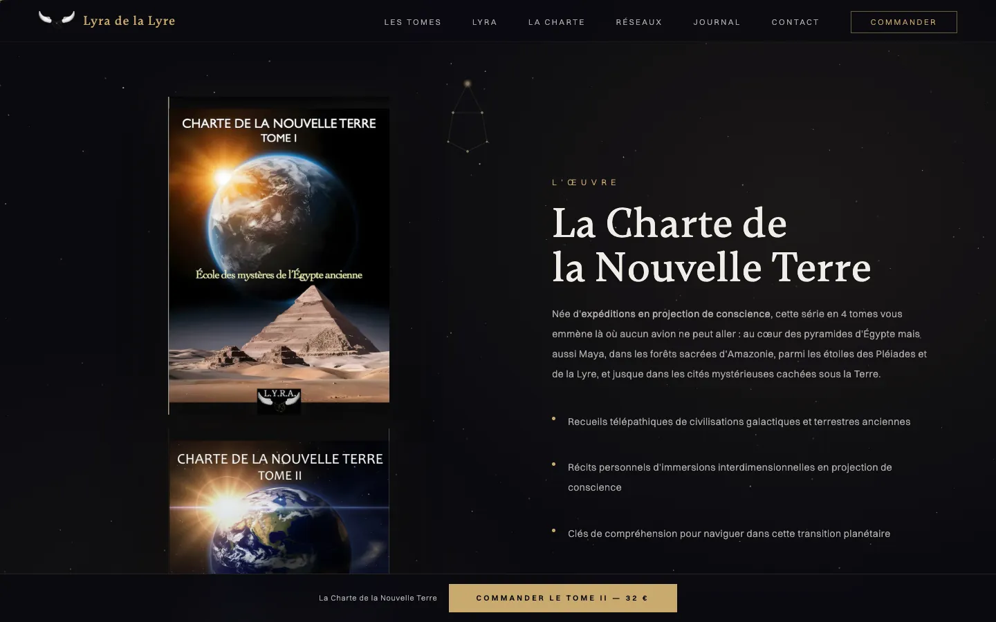 Section « L'œuvre » du site Lyra de la Lyre : les couvertures des tomes I et II à côté du titre « La Charte de la Nouvelle Terre » et du texte de présentation, titres en Gambetta et textes en Switzer sur fond noir