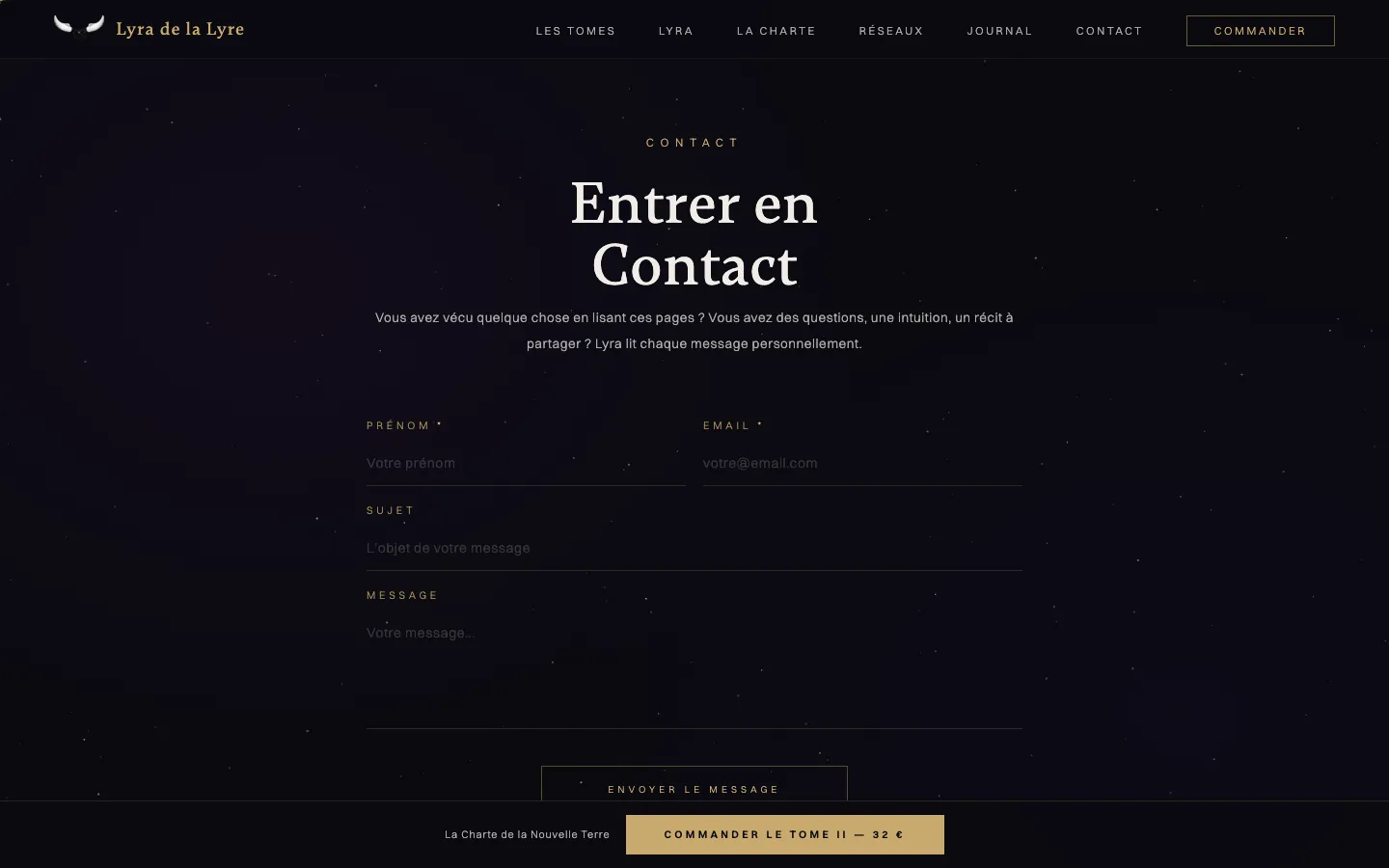 Section « Entrer en contact » du site Lyra de la Lyre : formulaire de contact