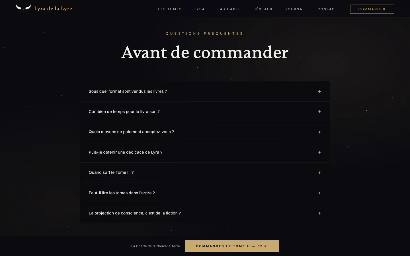Section « Avant de commander » : foire aux questions dépliable