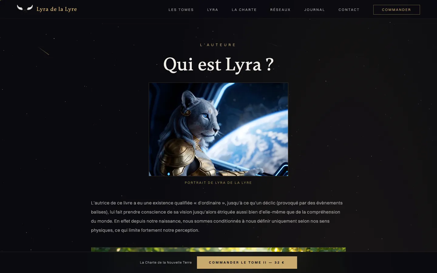 Section « Qui est Lyra ? » du site Lyra de la Lyre : le portrait de l'auteure et le début de sa biographie