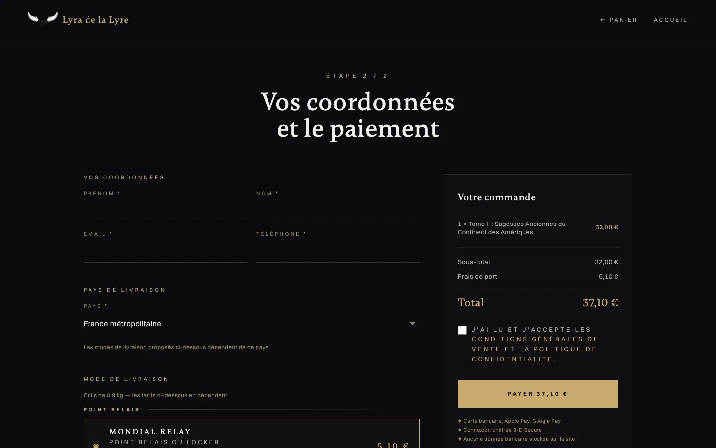 Page « Vos coordonnées et le paiement » du site Lyra de la Lyre : formulaire vide, choix du pays de livraison, mode de livraison Mondial Relay et récapitulatif de la commande