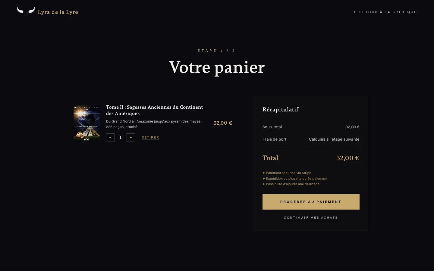 Page « Votre panier » du site Lyra de la Lyre : le tome II, sa quantité, le récapitulatif et le bouton Procéder au paiement