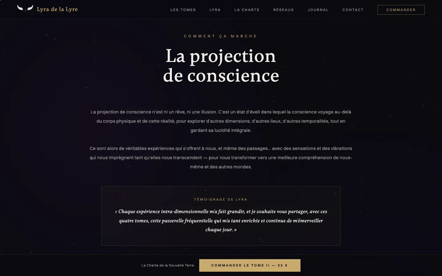 Section « La projection de conscience » du site Lyra de la Lyre : texte de présentation et citation encadrée