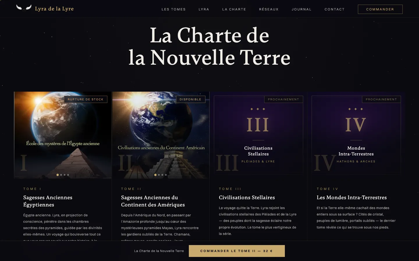 Section « La Charte de la Nouvelle Terre » du site Lyra de la Lyre : la série en quatre tomes, couvertures des tomes I et II, tomes III et IV à paraître, barre de commande du tome II