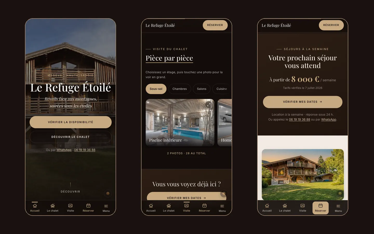 Version mobile du site Le Refuge Étoilé : ouverture, visite pièce par pièce et demande de réservation