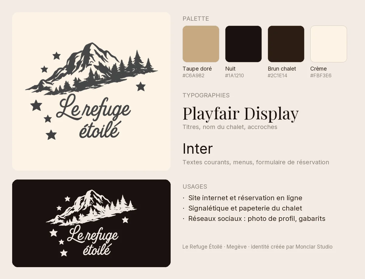 Planche de marque Le Refuge Étoilé : logo en versions jour et nuit, palette taupe doré, nuit, brun chalet et crème, typographies Playfair Display et Inter, usages prévus