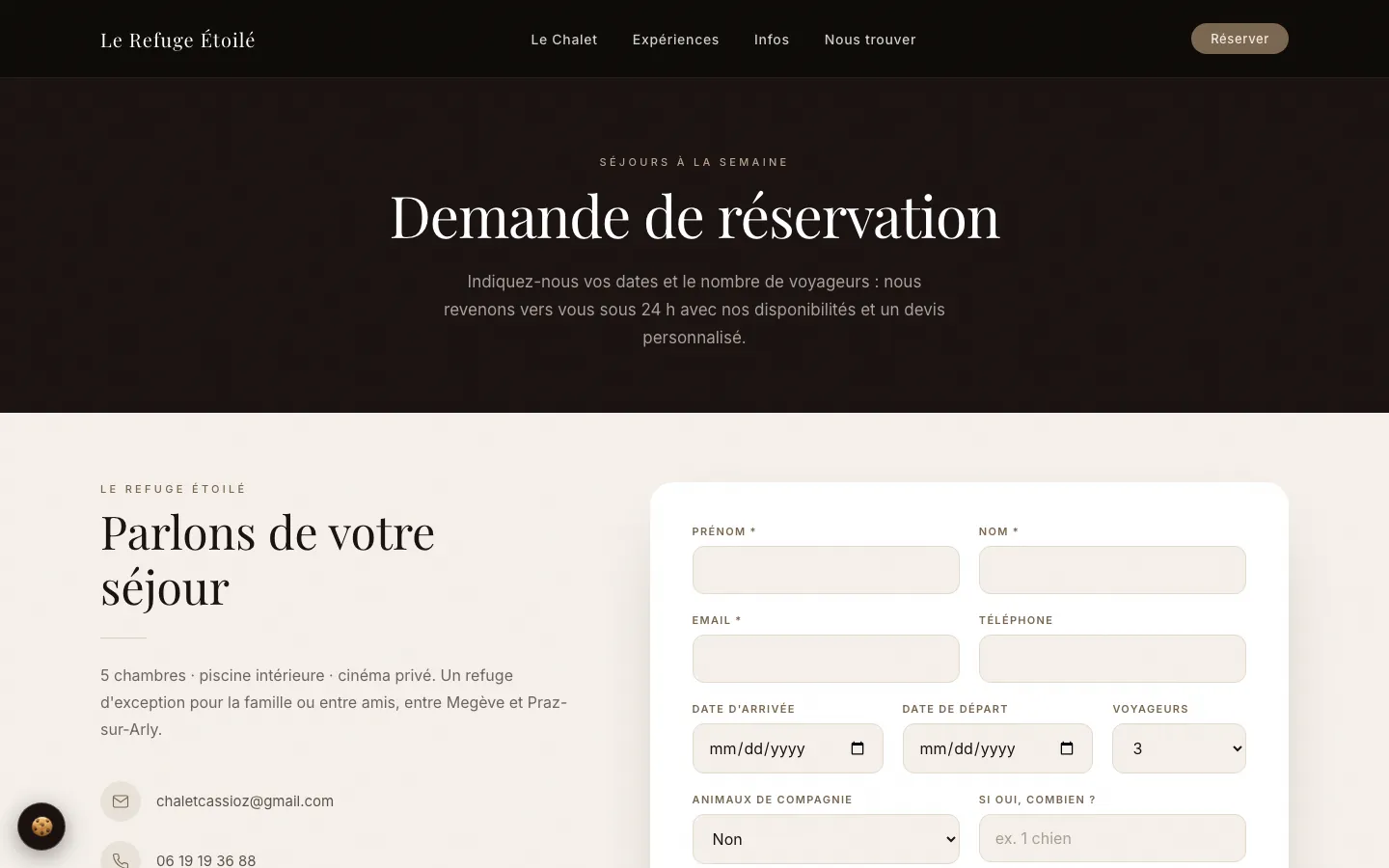 Page de demande de réservation : dates, voyageurs, coordonnées