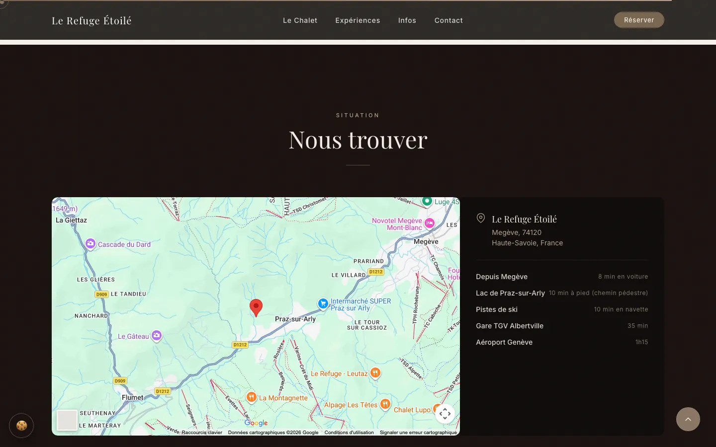 Section « Nous trouver » : carte de situation entre Megève et Praz-sur-Arly