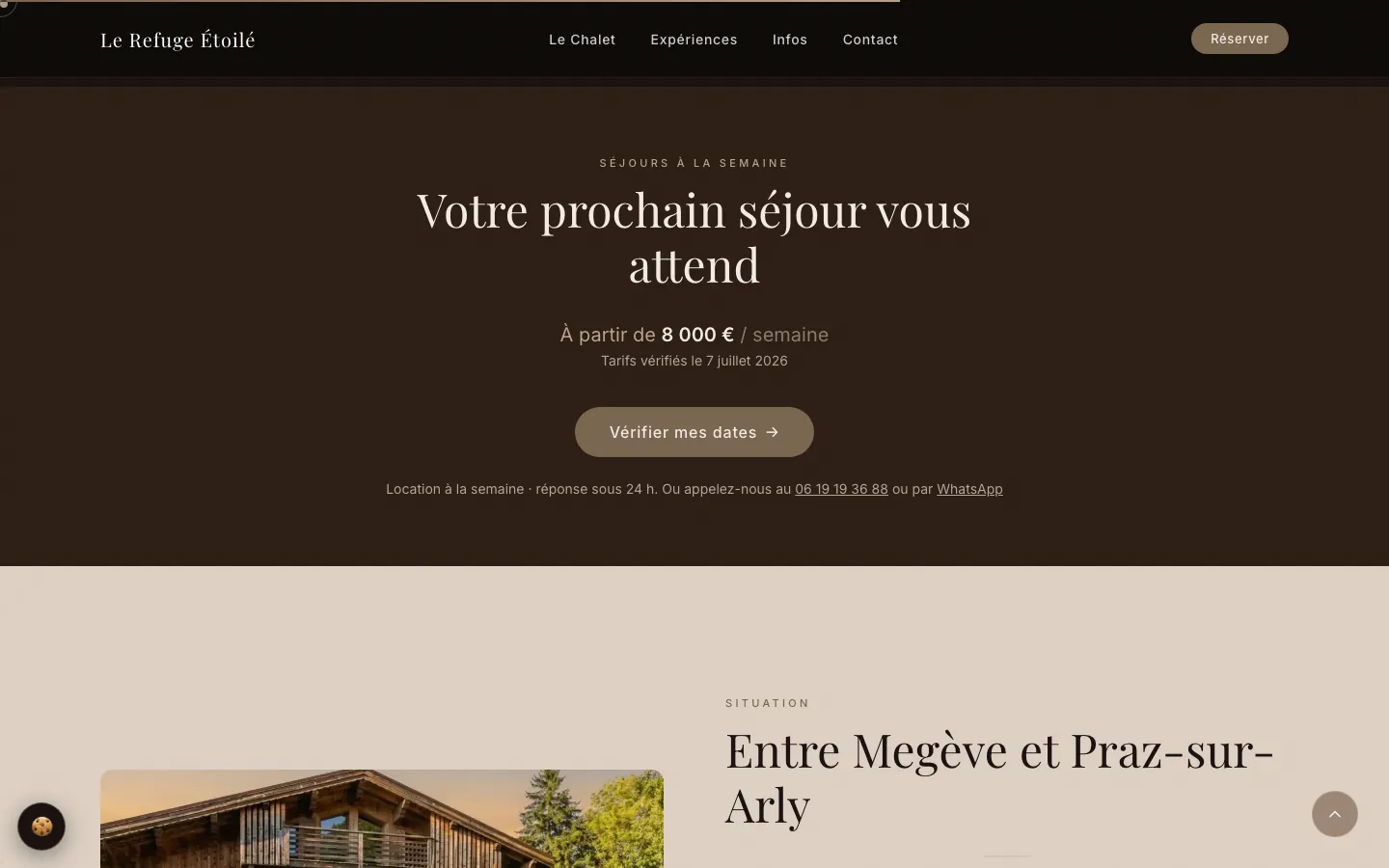 Section « Votre prochain séjour vous attend » : tarif à la semaine et bouton pour vérifier les dates